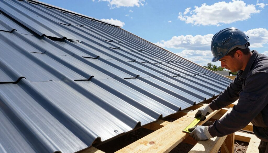 A well-constructed roofing system showcasing trapezoidal metal sheets being installed. In the foreground, a professional contractor wearing work gloves and a safety helmet is carefully measuring and laying wooden battens, ensuring precise alignment under the steel panels. The middle ground features trapezoidal roofing sheets, gleaming in the sunlight, with clear details highlighting the texture of the metal and the battens underneath. The background portrays a partially built house with an angled roof, surrounded by a bright blue sky dotted with a few fluffy clouds. The sunlight casts subtle shadows, enhancing the depth and dimension of the construction scene. The overall atmosphere conveys diligence and professionalism in roofing work, focused on avoiding common installation mistakes. A well-constructed roofing system showcasing trapezoidal metal sheets being installed. In the foreground, a professional contractor wearing work gloves and a safety helmet is carefully measuring and laying wooden battens, ensuring precise alignment under the steel panels. The middle ground features trapezoidal roofing sheets, gleaming in the sunlight, with clear details highlighting the texture of the metal and the battens underneath. The background portrays a partially built house with an angled roof, surrounded by a bright blue sky dotted with a few fluffy clouds. The sunlight casts subtle shadows, enhancing the depth and dimension of the construction scene. The overall atmosphere conveys diligence and professionalism in roofing work, focused on avoiding common installation mistakes.