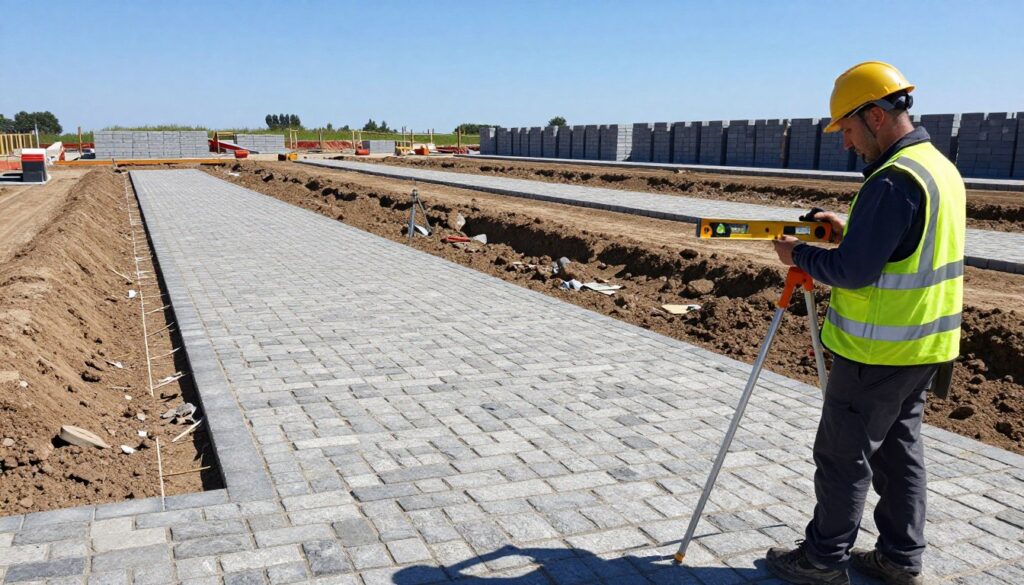 A well-defined construction site showcasing the determination of elevation levels and surface gradients for paving with cobblestones. In the foreground, a surveyor with professional attire carefully examines a leveling tool, capturing precise measurements. The middle ground features an open area with freshly excavated soil, where marked gradients lead to distinct elevation points. In the background, a clear blue sky enhances the daylight, illuminating the scene, while neatly stacked cobblestones await installation. The perspective is slightly elevated, creating a comprehensive view of the site layout, emphasizing the careful planning and preparation necessary for a durable surface. The mood is focused and professional, reflecting the importance of detailed groundwork in construction.