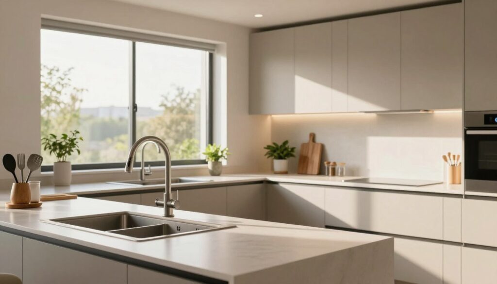 A well-designed kitchen featuring a square layout, emphasizing a large window that allows natural light to flood the space. In the foreground, a sleek sink is positioned beneath the window, with a modern faucet and a tidy arrangement of kitchen utensils nearby. The middle ground showcases a spacious counter with minimalistic design, adorned with a few green plants and a cutting board. The background reveals cabinetry in soft, neutral tones, harmonizing with the overall aesthetic. Warm, welcoming lighting adds to the inviting atmosphere, while soft shadows play across the surfaces, enhancing the kitchen's functionality and comfort. The scene conveys a contemporary and organized vibe, perfect for showcasing an efficient use of space.
