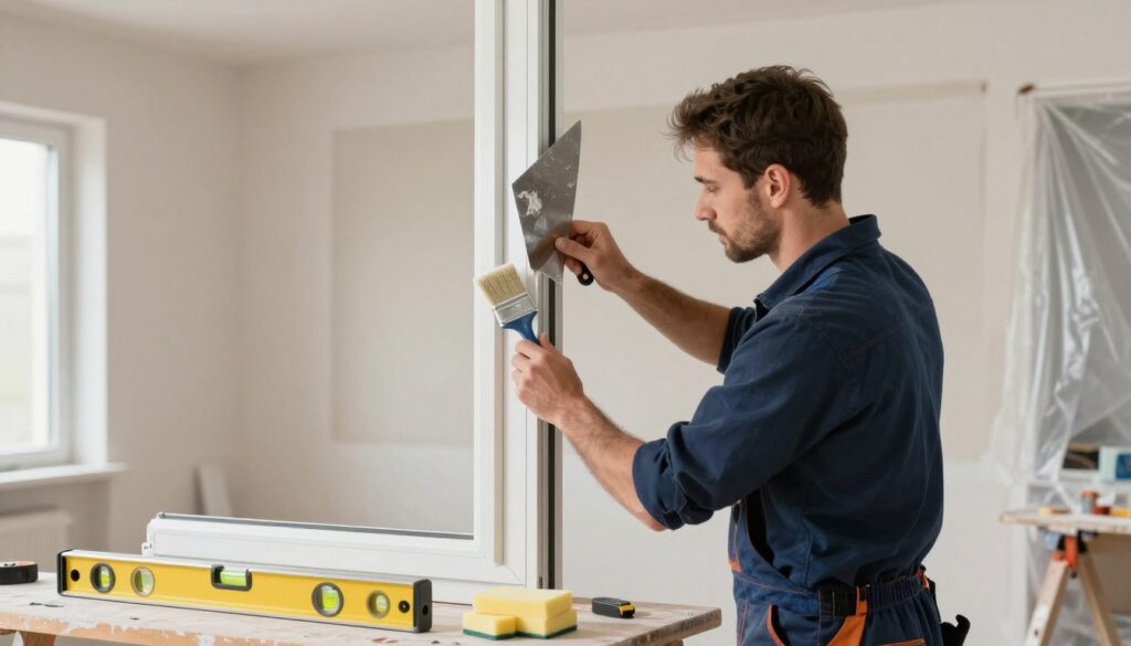 A well-lit interior scene showcasing the preparation of window reveals for plastering, highlighting the meticulous steps involved. In the foreground, a professional contractor, dressed in smart casual attire, is carefully cleaning the edges of a window frame, using a putty knife and brush. The middle ground features tools like a level, measuring tape, and sponges organized neatly on a workbench, emphasizing an orderly workspace. In the background, freshly taped window openings, with smooth surfaces, are ready for plastering, adorned with protective plastic sheets. Soft, ambient lighting creates a focused atmosphere, enhancing the feeling of professionalism and attention to detail in this crucial step of the plastering process.