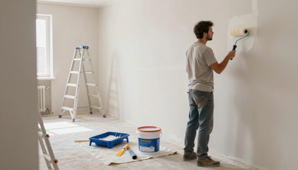 A well-lit interior space featuring a professional setting for wall preparation before plastering. In the foreground, a focused worker in modest casual clothing, applying primer to a smooth wall with a roller. In the middle ground, tools like a paint tray, spackling knife, and freshly opened primer bucket are neatly arranged on a drop cloth. The background shows an unfinished wall, highlighting different stages of wall preparation, with a ladder leaning against it. Soft natural light filters through a nearby window, creating an inviting atmosphere. The overall mood should convey diligence, professionalism, and an emphasis on proper preparation techniques, ensuring the viewer understands the importance of priming before plastering.