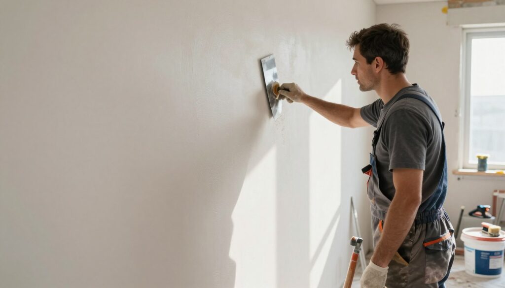 A well-lit scene showcasing a construction worker preparing a wall for priming and plastering. In the foreground, the worker, dressed in professional work attire, is meticulously scraping and cleaning the wall surface with a putty knife. The middle ground features various tools like sanders, brushes, and buckets of primer neatly arranged. In the background, a partially painted wall can be seen, with light streaming in through a nearby window, casting soft shadows and highlighting the wall texture. The atmosphere is focused and industrious, emphasizing the importance of preparation in home renovation. The image captures the essence of wall preparation before priming and plastering, showcasing attention to detail and professionalism in the process.