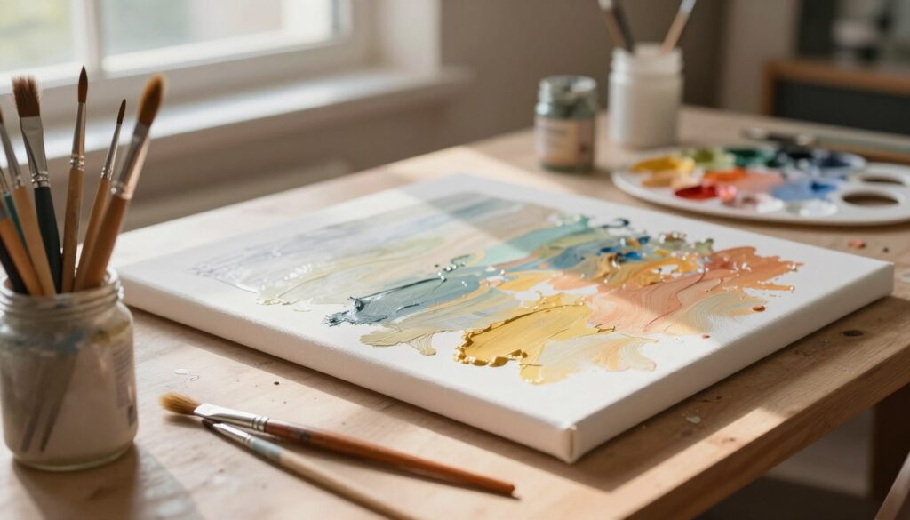 A well-organized artist's workspace featuring a close-up view of acrylic paint drying on a textured canvas. In the foreground, various paintbrushes are resting in a jar, displaying vibrant colors of paint. The middle layer captures the canvas, where areas of both wet and dry paint are evident, showing the differences in sheen and texture. A color palette with mixed shades lies nearby, indicating the artist’s creative process. The background reveals a softly lit studio with warm, natural light filtering through a window, creating a calm, inviting atmosphere. Shadows dance gently across the surface, emphasizing the varying stages of the drying process. The scene conveys a sense of patience and professionalism, ideal for illustrating the importance of drying time in artistic application.