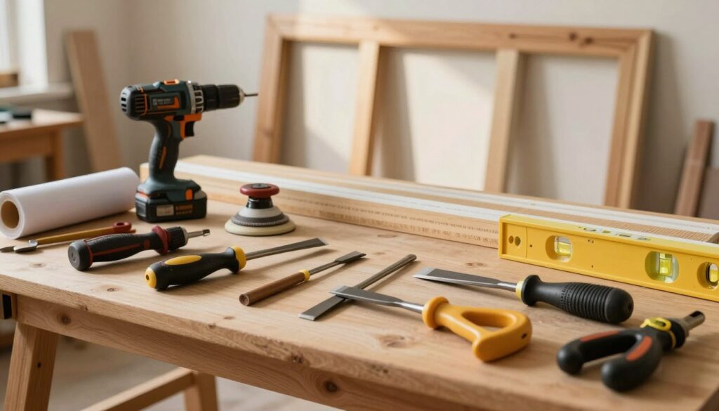 A well-organized workbench filled with essential tools and accessories for finishing door frames post-installation. In the foreground, prominently showcase a set of professional-grade hand tools like a chisel, clamps, and a level, beautifully arranged with craftsmanship details visible. In the middle, include power tools such as a cordless drill and a sander, partially hidden beneath a roll of sandpaper. In the background, a partially finished door frame stands against a softly illuminated wall, demonstrating a warm, inviting atmosphere. Use natural lighting to enhance the textures of the wood and tools, capturing the mood of a productive workshop. The angle should be slightly elevated, offering a comprehensive view of the workspace without human presence, ensuring a tidy, focused scene.