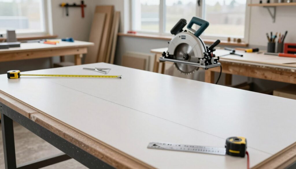 A well-organized workshop space dedicated to cutting laminate flooring. In the foreground, a precise cutting line marked on a bright, clean panel, with a measuring tape and a square tool beside it. The middle ground features a sturdy workbench with a high-quality circular saw positioned ready for use, embodying the tools needed for efficient cutting. The backdrop showcases a tidy workshop, with neatly arranged woodworking tools and a large window allowing soft natural light to fill the room. The perspective is slightly elevated, capturing the interplay of light and shadows. The atmosphere is focused and professional, emphasizing preparation, precision, and cleanliness essential for achieving perfect cuts in flooring panels.