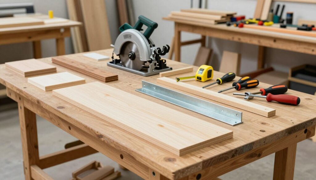 A well-organized workspace showcasing a selection of workshop materials and tools for building a drawer. In the foreground, focus on a sturdy, wooden workbench with various types of wood planks, plywood sheets, and metal brackets arranged neatly. In the middle ground, include essential tools such as a circular saw, measuring tape, screwdriver set, and clamps, all in use or ready for action. The background features a clean workshop environment, with shelves holding additional tools and materials, illuminated by bright overhead lights, creating a vibrant and productive atmosphere. The scene is shot from a slightly elevated angle to emphasize the workspace layout, with natural colors and sharp details, ensuring the image exudes a sense of craftsmanship and creativity.
