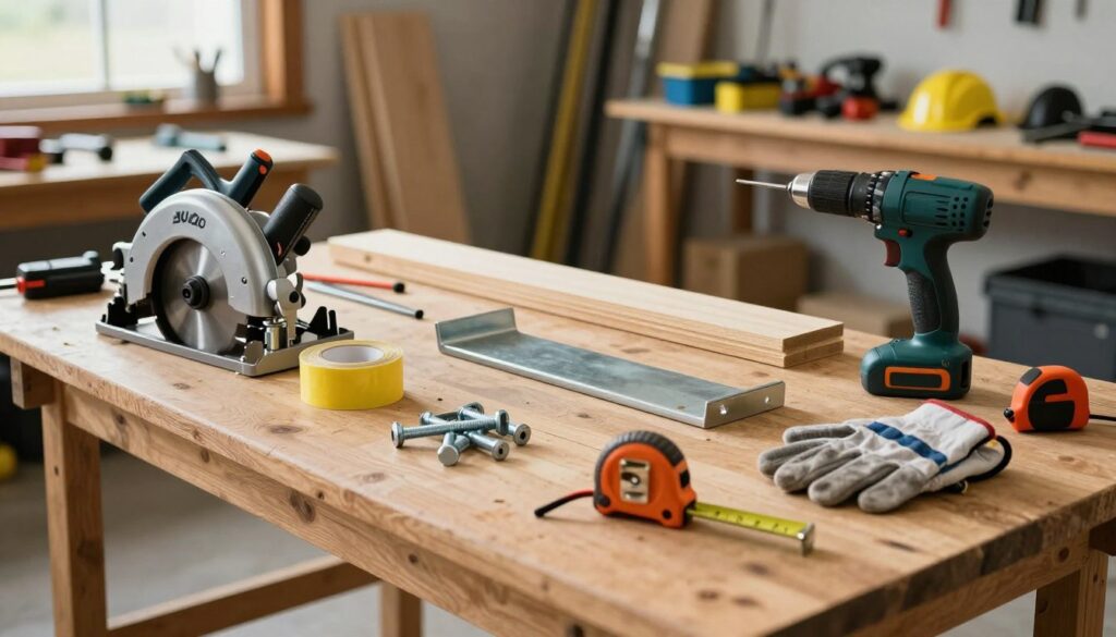 A well-organized workspace showcasing an array of materials and tools for building a wood splitter. In the foreground, a sturdy wooden workbench displays essential tools such as a circular saw, drill, clamps, and measuring tape, all arranged neatly. In the middle ground, various wooden boards and metal components, including bolts and brackets, are scattered among a roll of safety tape and a pair of work gloves. The background features a slightly blurred garage setting, with shelves holding spare tools and safety gear, illuminated by soft, natural light coming from a window, creating a focused and productive atmosphere. The overall mood is professional and inviting, emphasizing preparation and safety in woodworking projects.