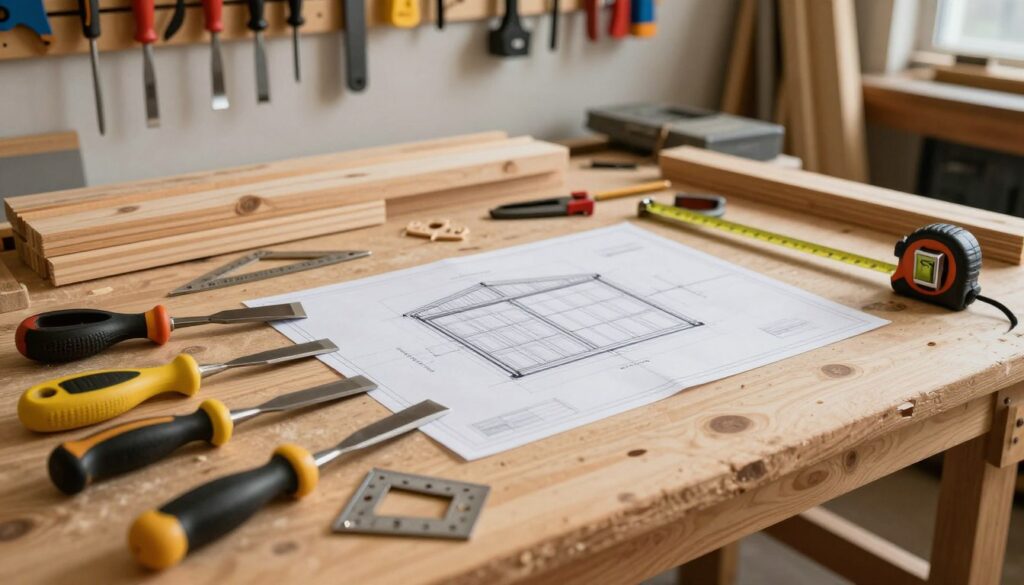 A well-organized workspace showcasing precision tools for woodworking, specifically for constructing a wooden garage door. In the foreground, a carefully arranged set of high-quality hand tools, including chisels, a square, and a level, gleam under soft, warm lighting. In the middle, a sturdy workbench is adorned with a detailed blueprint of the garage door project, accompanied by a tape measure and clamps. The background features a neatly organized wall with hanging tool storage and wooden planks ready for cutting. The mood is focused and professional, with a sense of craftsmanship in the air. The image is captured from a slightly elevated angle, highlighting the depth of the workspace and illuminating the details of each tool.
