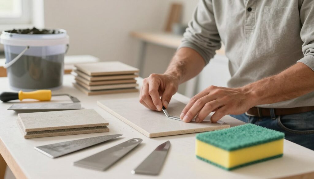 A well-organized workspace showcasing various tiling tools for grout application. In the foreground, a close-up of high-quality grout floats, trowels, and sponges, arranged neatly on a minimalist work surface. The middle layer features a professional tiler wearing modest casual clothing, focused on selecting tools, highlighting the importance of proper tool choice. In the background, softly blurred, a stack of ceramic tiles sits alongside a bucket of grout, subtly illuminated to create a warm, inviting atmosphere. The lighting is natural and soft, mimicking a well-lit workshop space, emphasizing the attention to detail in tool selection and preparation. The overall mood is focused and productive, illustrating a practical approach to tiling work.
