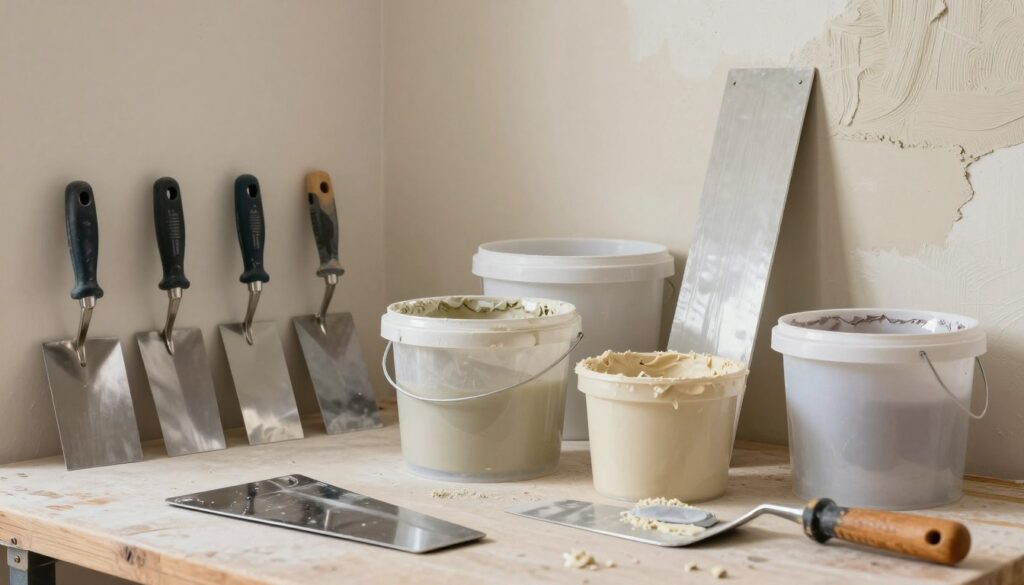 A well-organized workspace showcasing various tools for finishing silicone plaster. In the foreground, a selection of high-quality trowels is prominently displayed, their metallic edges gleaming under soft, even lighting. In the middle, a set of buckets containing different plaster mixtures sits next to a large mixing paddle, highlighting the tools' readiness for use. The background features a partially finished wall, demonstrating different types of textures achieved with these tools, creating a sense of depth. The lighting is warm and inviting, emphasizing the craftsmanship involved. The overall atmosphere conveys professionalism and precision, ideal for illustrating the essential tools that contribute to achieving a perfect silicone plaster finish.