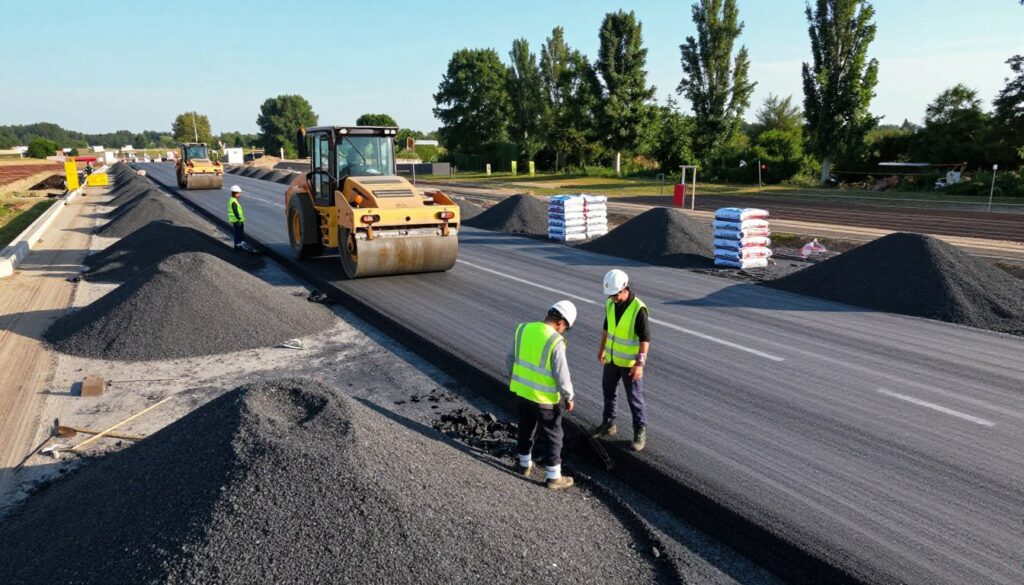 Aerial view of a construction site in Poland, focusing on a freshly graded road being prepared for surface hardening. In the foreground, construction workers in professional attire, such as helmets and reflective vests, are measuring the materials. In the middle ground, heavy machinery like graders and rollers is actively working on the road, with piles of gravel and asphalt bags strategically placed nearby. The background reveals green trees and a clear blue sky, with soft sunlight illuminating the scene to create a warm, industrious atmosphere. Emphasize the textures of the gravel and asphalt, showcasing the various components involved in the road hardening process. The overall mood should convey a sense of progress and professionalism, suitable for an informative context. Aerial view of a construction site in Poland, focusing on a freshly graded road being prepared for surface hardening. In the foreground, construction workers in professional attire, such as helmets and reflective vests, are measuring the materials. In the middle ground, heavy machinery like graders and rollers is actively working on the road, with piles of gravel and asphalt bags strategically placed nearby. The background reveals green trees and a clear blue sky, with soft sunlight illuminating the scene to create a warm, industrious atmosphere. Emphasize the textures of the gravel and asphalt, showcasing the various components involved in the road hardening process. The overall mood should convey a sense of progress and professionalism, suitable for an informative context.
