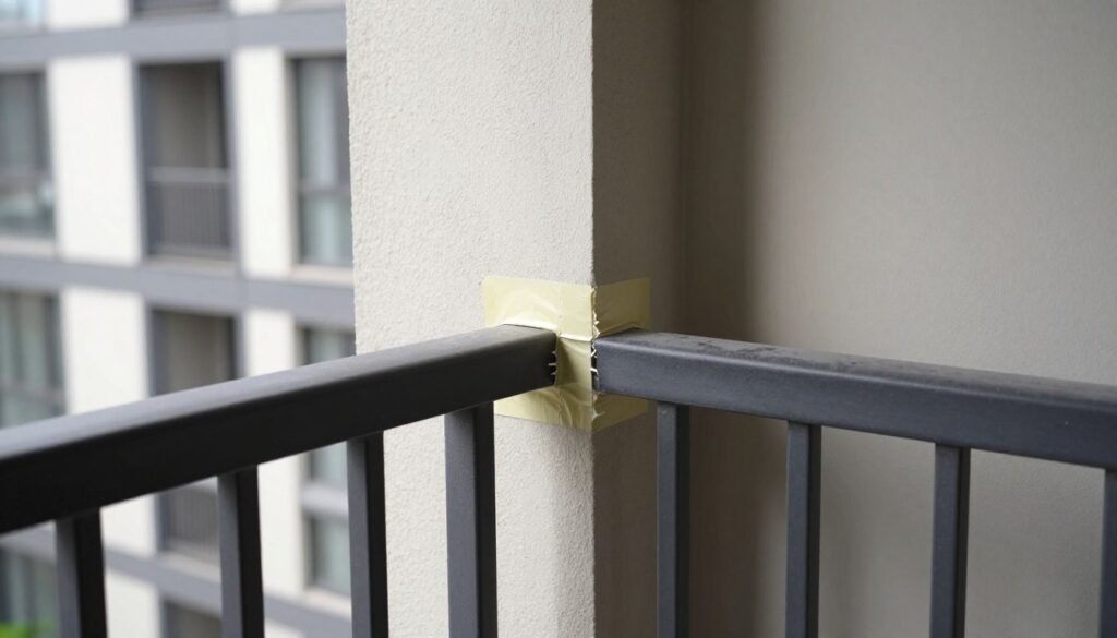 An architectural close-up showcasing thermal bridge interruption in a balcony railing installation. In the foreground, detail a well-constructed railing system with visible insulation materials and seamless joints, emphasizing the absence of thermal bridges. The middle ground should feature a wall intersection highlighting effective sealing methods, such as foam and tape barriers. In the background, portray a modern building façade with clear daylight, casting soft shadows that enhance the textures. Capture the mood of precision and meticulous craftsmanship, with natural light illuminating the components, and a slight focus blur on distant elements to draw attention to the thermal bridge solution. The overall tone should convey a sense of professionalism and technical expertise in insulation techniques.