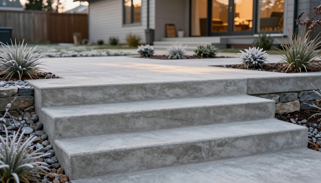 An outdoor scene showcasing a freshly finished concrete staircase, designed for durability against winter weather. The foreground features the smooth, textured surface of the stairs, with visible reinforcement materials such as tiles or stone overlays that resist freezing and abrasion. The middle section includes a carefully landscaped yard, with frost-resistant plants and decorative gravel surrounding the steps. The background tells a story of a cozy, modern house with warm lighting, emphasizing a welcoming atmosphere. Soft, natural sunlight casts gentle shadows, enhancing the details on the concrete and surrounding materials. The overall mood is serene and inviting, illustrating the practicality and aesthetic appeal of well-finished outdoor concrete stairs.