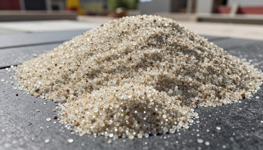 Fine granules of quartz sand nestled in a textured, close-up view, highlighting its purity and uniformity. The foreground features a handful of the sand, catching ambient light that accentuates the shimmering particles. In the middle ground, a spacious pile of quartz sand rests on a dark, smooth surface, contrasted by the delicate sparkle of the grains. The background is softly blurred, perhaps depicting a construction site with pavers and tools, creating a professional atmosphere. Natural light filters through, casting gentle shadows that add depth and dimensionality to the scene. The mood is focused and informative, capturing the essence of quality materials essential for joint filling in paving stones.