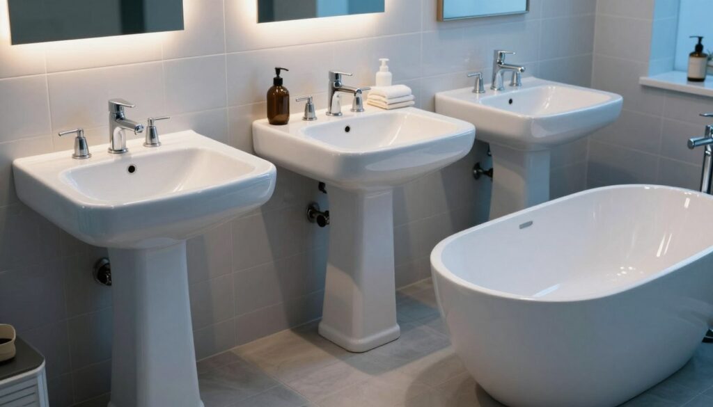 A beautifully arranged bathroom scene featuring a variety of popular sink styles. In the foreground, showcase a stylish pedestal sink with elegant curves, a sleek wall-mounted sink with chrome fixtures, and a contemporary freestanding basin with a minimalist design. In the middle ground, include a classic undermount sink integrated into a polished countertop with decorative accessories like soap dispensers and hand towels. The background features soft lighting highlighting ceramic tiles and calming blue and white color schemes, projecting a serene atmosphere. Use a wide-angle lens to capture the entire arrangement, ensuring the focus is on the functionality and aesthetics of each sink type, evoking a sense of comfort and style in bathroom design.