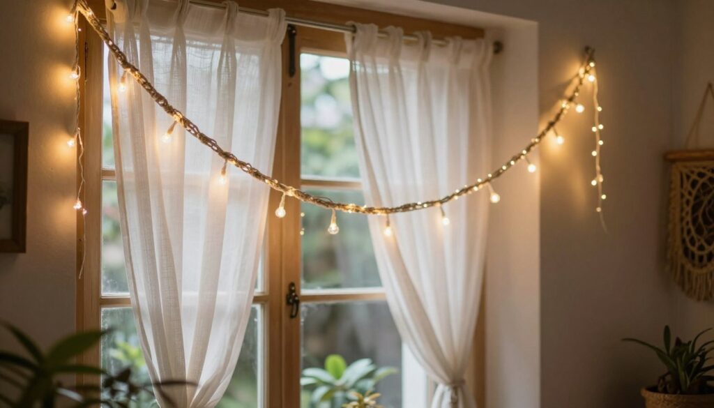 A beautifully arranged boho-inspired window adorned with delicate light garlands. In the foreground, soft, twinkling fairy lights entwined with rustic macramé hang gracefully, their warm glow casting gentle shadows. In the middle ground, a vintage wooden window frame displays sheer white curtains that flutter lightly with a breeze, allowing hints of greenery from the outside to peek through. The background features subtle hints of indoor plants and bohemian textiles, creating a cozy and inviting atmosphere. The scene is illuminated with soft, ambient lighting, enhancing the warm colors of the garlands and the natural textures of the décor. A shallow depth of field focuses on the garlands, inviting a feeling of serenity and style.