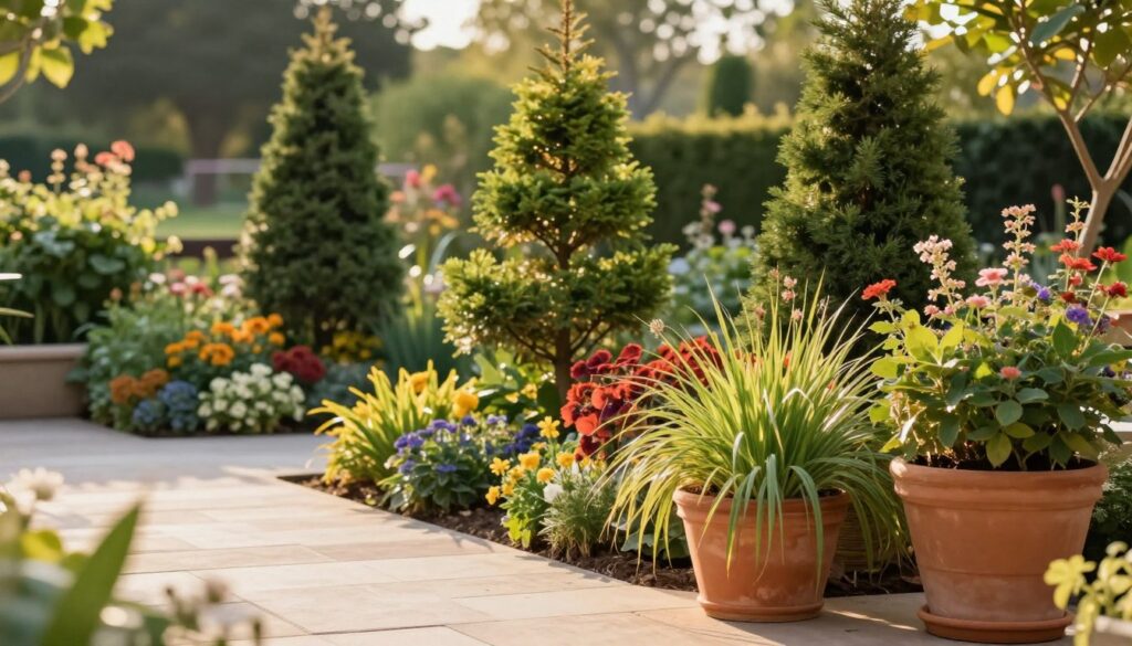 A beautifully arranged terrace showcasing a variety of trees and shrubs, highlighting their seasonal beauty. In the foreground, a large, terracotta pot brimming with vibrant ornamental grasses and flowering shrubs, providing a lush, colorful look. The middle ground features a couple of small, meticulously shaped evergreen trees and flowering plants, creating a sense of structure and stability. The background reveals a soft blur of additional greenery, hinting at a tranquil garden beyond. The scene is illuminated by warm, golden hour sunlight, casting gentle shadows and enhancing the rich colors of the foliage. The atmosphere is serene and inviting, perfect for a relaxing outdoor space. The angle is slightly elevated, capturing the entirety of the terrace's beautification.