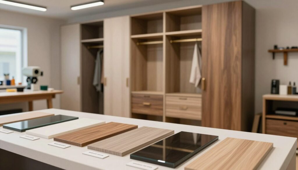 A beautifully crafted custom wardrobe showcasing various materials used for cabinetry and cabinet fronts. In the foreground, display a variety of wood samples, laminate finishes, and glass options, each clearly labeled. The middle ground should feature a stunning, modern wardrobe design in a stylish room, with soft, warm lighting accentuating the textures and colors of the materials. The background should include a workshop setting, with tools and machinery visible, reflecting the craft of woodworking. Use a slightly blurred depth of field to emphasize the wardrobe and materials in the foreground. The overall atmosphere should convey professionalism and elegance, highlighting the quality and choices that affect price.