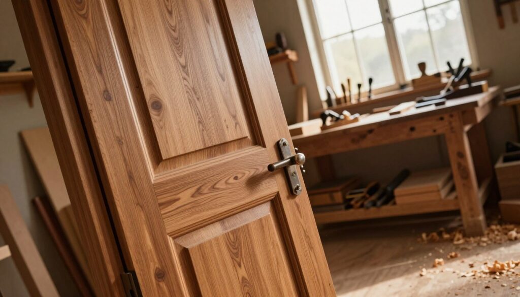A beautifully crafted wood door in a rustic workshop, showcasing intricate details of craftsmanship. In the foreground, the door is partially open, revealing rich, natural wood grains and elegant paneling. The middle ground features a woodworker's workstation, with tools like chisels and a plane, surrounded by wood shavings. In the background, warm sunlight streams through a large window, illuminating the space with a cozy glow. The scene conveys a sense of artisanal quality and skill, emphasizing the labor and materials involved in custom door creation. The atmosphere is warm and inviting, evoking the dedication of fine woodworking. The angle is slightly tilted to capture both the door and the craftsmanship in the environment, offering a comprehensive view of the workspace.
