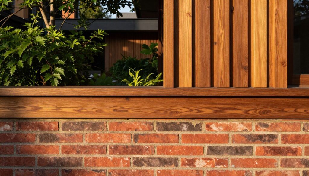 A beautifully crafted wooden facade showcasing a blend of natural elements, framed by rich, warm tones of cedar wood with distinct grain patterns. In the foreground, intricate wooden panels are layered seamlessly with a vibrant brick wall, displaying varying hues of red and brown. The middle ground features a lush, green garden with soft sunlight filtering through the leaves, casting gentle shadows on the textures of the wood and brick. A modern architectural structure is visible in the background, harmonizing with the natural materials. The scene is bathed in golden hour light, enhancing the warmth and inviting atmosphere. The overall mood is serene and welcoming, perfect for reflecting on the beauty of wood in facade design.