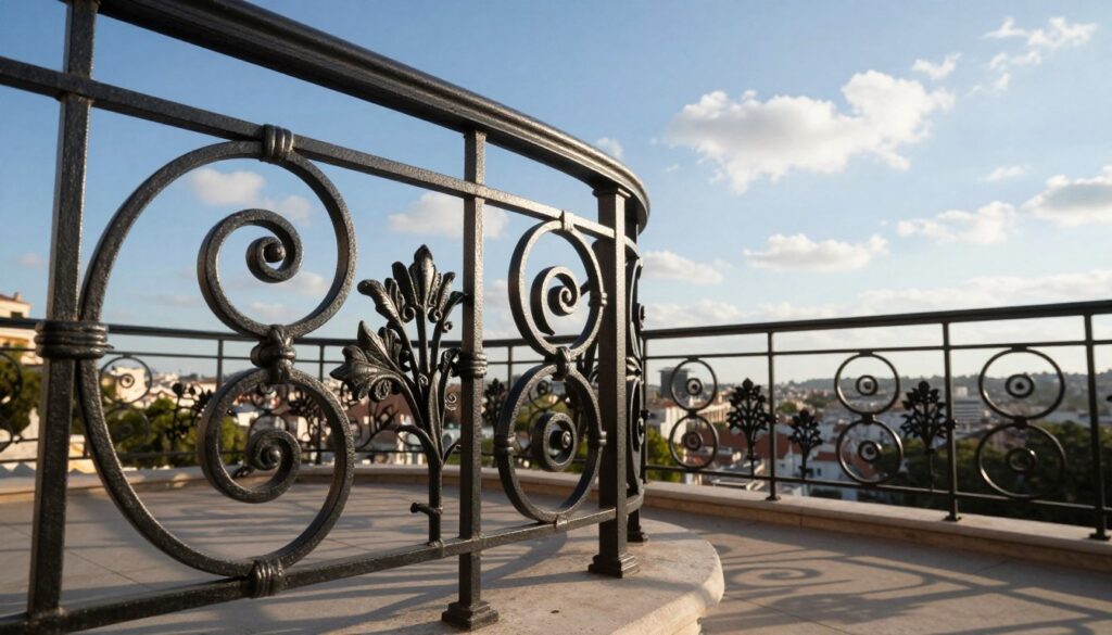 A beautifully crafted wrought iron balustrade, elegantly spiraled with intricate floral patterns, positioned prominently in the foreground. The balustrade stands on a gracefully contoured staircase leading to a balcony, which offers a breathtaking cityscape view. In the middle ground, the sunlight gently warms the scene, casting soft shadows that highlight the ornate details and craftsmanship of the balustrade. The background features a clear blue sky dotted with wispy clouds, enhancing the serene atmosphere. The image should convey a sense of lasting beauty and durability, with the metalwork glistening slightly in the daylight, capturing the interplay of light and shadow. The angle chosen should be slightly elevated, providing a dynamic perspective that showcases both the elegance of the balustrade and the inviting view beyond.