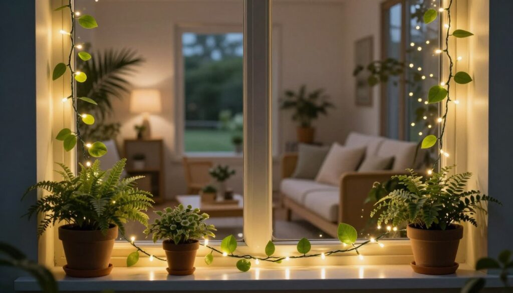 A beautifully decorated window featuring eco-friendly LED string lights seamlessly intertwined with delicate green foliage, showcasing a soft, warm glow that enhances the natural elements. In the foreground, the LED lights twinkle gently, highlighting their energy-efficient design, while various potted plants with lush greenery accompany them, adding a refreshing touch. The middle ground reveals a tastefully decorated room with minimalistic furniture in subtle earth tones, creating a cozy, inviting atmosphere. In the background, a softly illuminated evening scene can be seen through the window, with a tranquil outdoor ambiance. The lighting is warm and ambient, giving a serene feel, captured with a soft focus lens to evoke a sense of calm and elegance. The overall mood is peaceful and harmonious, reflecting a stylish yet ecological approach to home lighting.