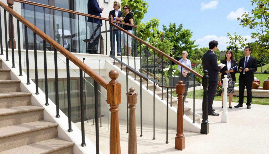 A beautifully designed balustrade installation at various mounting locations, showcasing three distinct types: one on a stairway, one on a balcony, and another on a terrace. In the foreground, focus on detailed craftsmanship of each balustrade type, highlighting materials like wood, glass, and metal. The middle ground features a seamless transition with people dressed in professional attire observing and discussing the installations. In the background, a bright and airy outdoor setting with lush greenery and a clear blue sky creates a vibrant atmosphere. Utilize natural lighting to enhance textures and highlights on the balustrades, with a perspective shot from a slightly elevated angle for depth and dimension. The overall mood is informative and visually appealing, emphasizing the elegance and functionality of different balustrade installations.
