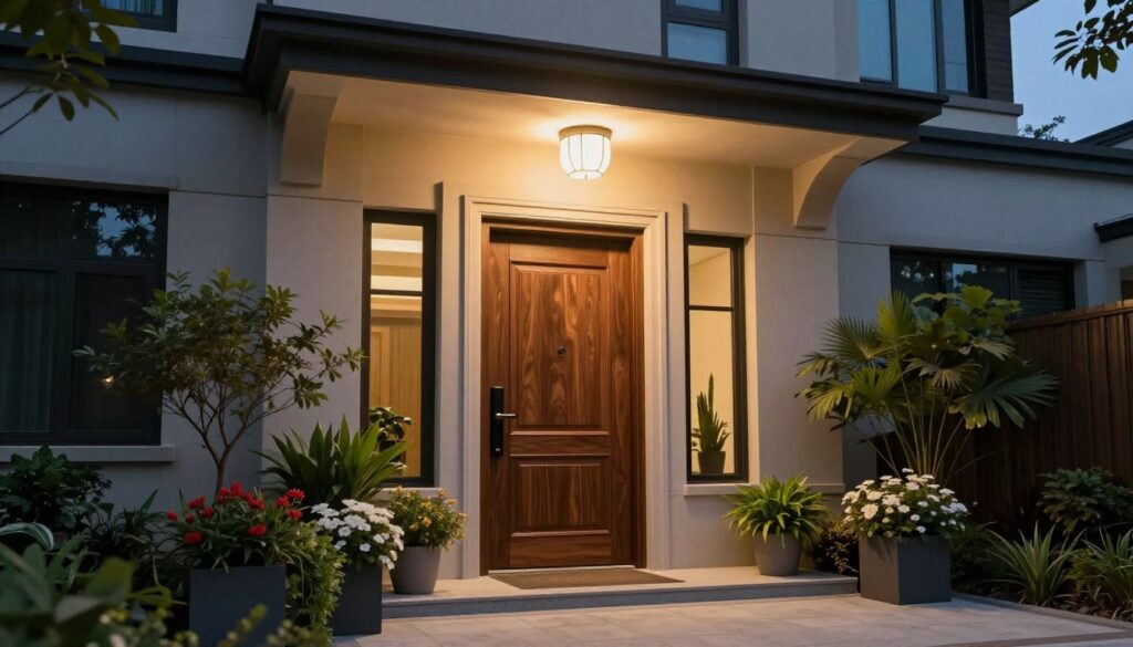 A beautifully designed entrance door adorned with elegant lighting fixtures above it. The scene features a stylish, modern door with intricate wood texture, flanked by tall windows that add depth. Above the door, a decorative lamp with a soft glow casts warm light, highlighting the inviting entrance. In the foreground, lush greenery and flowers in tasteful planters create a welcoming atmosphere. The background showcases a simple, clean facade of a contemporary building, with a clear evening sky transitioning to twilight, enhancing the overall ambiance. The lighting should emphasize the lamp’s warm glow and create soft shadows, adding a cozy, inviting feel to the entrance scene. The angle is slightly low, emphasizing the door and lamp as focal points, ensuring the composition is balanced and harmonious. A beautifully designed entrance door adorned with elegant lighting fixtures above it. The scene features a stylish, modern door with intricate wood texture, flanked by tall windows that add depth. Above the door, a decorative lamp with a soft glow casts warm light, highlighting the inviting entrance. In the foreground, lush greenery and flowers in tasteful planters create a welcoming atmosphere. The background showcases a simple, clean facade of a contemporary building, with a clear evening sky transitioning to twilight, enhancing the overall ambiance. The lighting should emphasize the lamp’s warm glow and create soft shadows, adding a cozy, inviting feel to the entrance scene. The angle is slightly low, emphasizing the door and lamp as focal points, ensuring the composition is balanced and harmonious.