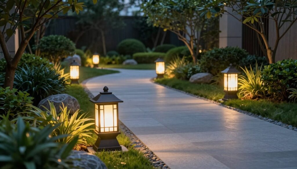 A beautifully landscaped garden path at dusk, featuring strategically placed garden lamps illuminating the walkway. In the foreground, a close-up of a single elegant lamp, showcasing intricate design details and soft, warm light. In the middle ground, several lamps are evenly spaced along the path, casting a gentle glow that highlights the lush greenery and decorative stones. The background features a partially visible garden with trees and shrubs, creating a serene and inviting atmosphere. The scene is captured with a wide-angle lens, emphasizing the depth of the garden space and the effective distribution of the lighting. The overall mood is tranquil and inviting, demonstrating the ideal spacing for garden lamps to enhance outdoor safety and aesthetics.