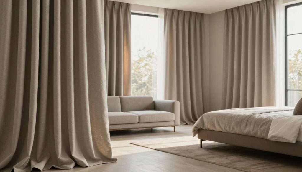 A beautifully styled interior scene showcasing elegant, floor-length curtains in a modern living room and bedroom setting. In the foreground, rich, textured fabric drapes gracefully, with soft folds that create a sense of movement. The middle ground displays contemporary furniture, such as a sleek sofa and a minimalist bed, tastefully arranged to complement the curtains. In the background, large windows allow warm, natural light to filter through the curtains, casting soft shadows and creating a cozy ambiance. The colors are neutral and calming, with earthy tones and subtle patterns. The overall atmosphere is inviting and sophisticated, perfect for illustrating the role of curtains in modern home décor. The image should be well-lit, with a focus on the elegance of the fabric and the harmony of the interior design.