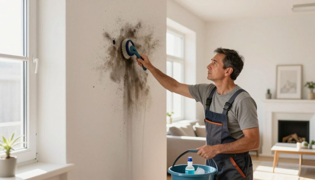A bright and clean interior scene depicting the process of removing soot from walls. In the foreground, a middle-aged person wearing professional cleaning attire is diligently scrubbing the wall with a soft brush and a bucket of cleaning solution beside them. The person has a focused expression, showcasing determination. In the middle, the wall shows signs of soot stains, contrasting with the clean area being worked on. Natural light streams in from a nearby window, illuminating the dust particles in the air and creating a warm ambiance. In the background, a tidy living room is visible, with a fireplace and minimalistic decor, emphasizing a fresh, revitalized space. The overall mood is one of renewal and cleanliness.