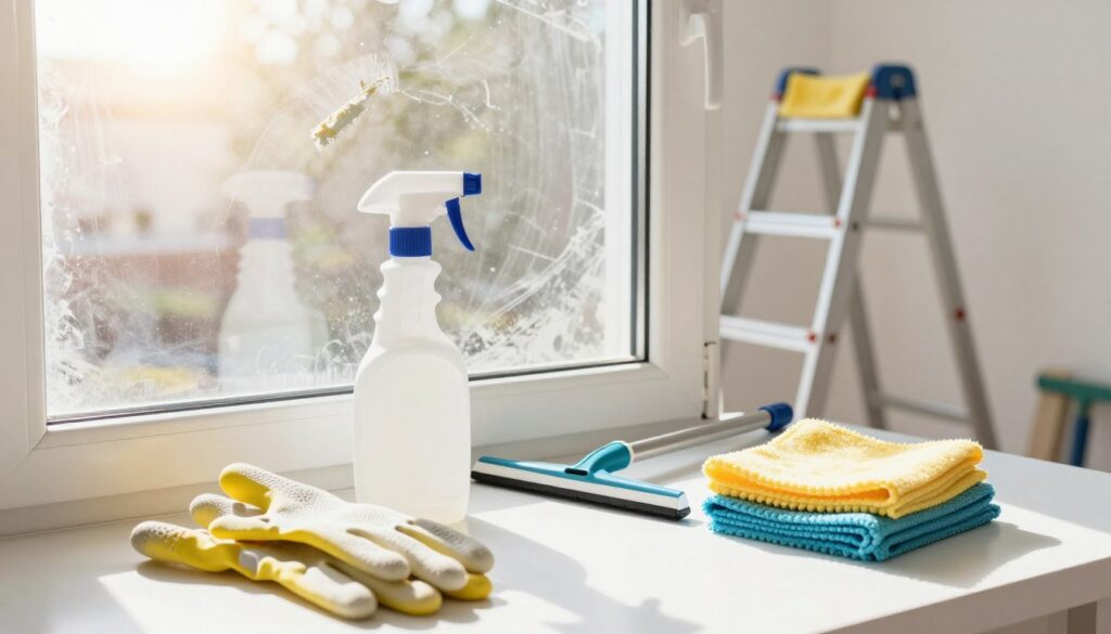 A bright, organized room in preparation for post-renovation cleaning. In the foreground, a pair of professional cleaning gloves and an assortment of cleaning tools, like a spray bottle, microfiber cloths, and a squeegee, neatly arranged on a clean surface. In the middle, a partially clear window covered with remnants of dust and paint, showcasing the need for cleaning. In the background, a ladder leaning against a freshly painted wall with tools scattered around. The sunlight streams through the window, creating a warm and inviting atmosphere, highlighting the dust particles in the air. Capture this scene from a slightly elevated angle, emphasizing the activity of preparing for a thorough clean with a focus on cleanliness and order.