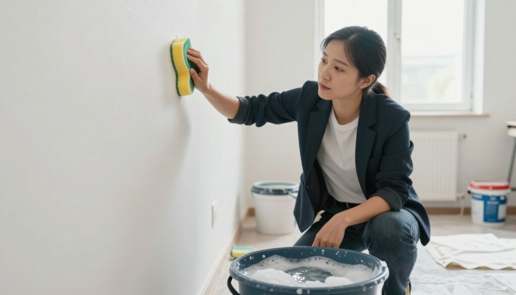A bright, well-lit room with freshly painted walls, showcasing a person dressed in professional business attire, gently washing one wall with a sponge. The foreground features the sponge and a bucket of soapy water, while the middle ground highlights the person’s focused expression as they clean. The background includes partially packed painting supplies and a drop cloth on the floor, setting a preparatory atmosphere. The scene is illuminated by soft, natural light coming through a window, creating a clean and inviting ambiance. The angle captures the action from a slight low perspective, emphasizing the effort put into cleaning the walls before painting. The overall mood should feel organized, approachable, and conducive to home improvement tasks.