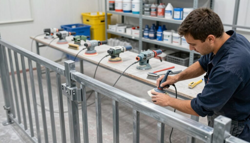 A clean and organized workshop environment showcasing the preparation of a metal surface for powder coating. In the foreground, a focused technician in a professional uniform is meticulously sanding and cleaning a large metal gate, ensuring a smooth finish. In the middle ground, tools like sanding machines, brushes, and wire brushes are arranged systematically on a workbench. The background features industrial shelving stocked with powder coating materials and safety equipment, all under bright, natural lighting that highlights the textures of the metal. The atmosphere is one of professionalism and attention to detail, emphasizing the importance of surface preparation in achieving a durable coating. Capture this with a slightly elevated angle to provide depth and context.
