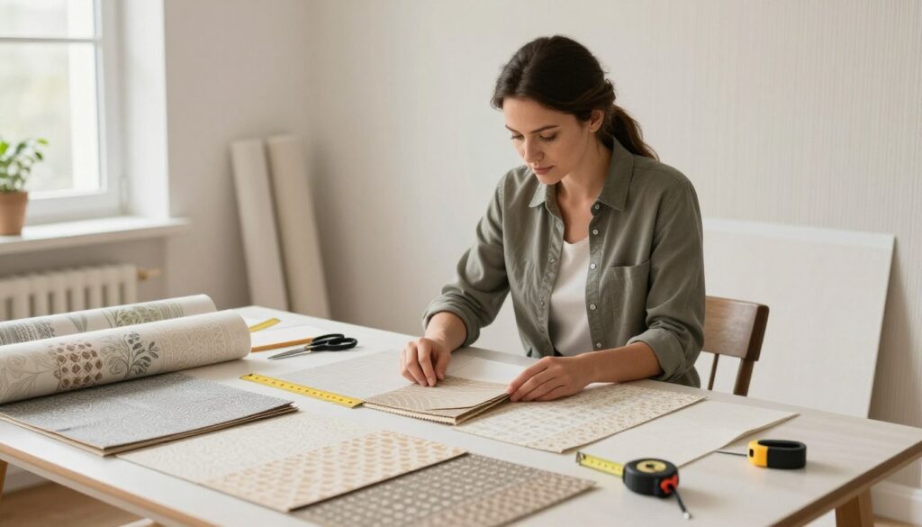 A clean and organized workspace featuring a designer inspecting wallpaper samples arranged on a table. The foreground includes a variety of wallpaper textures, colors, and patterns displayed neatly. In the middle, the designer, dressed in professional attire, closely examines a sample with a focused expression, surrounded by tools like a ruler, scissors, and a measuring tape. The background shows a partially decorated wall with one layer of wallpaper already applied, illuminated by soft, natural lighting filtering through a nearby window, creating a warm and inviting atmosphere. The overall mood conveys professionalism and careful consideration, emphasizing the key factors for success in wallpapering projects. A clean and organized workspace featuring a designer inspecting wallpaper samples arranged on a table. The foreground includes a variety of wallpaper textures, colors, and patterns displayed neatly. In the middle, the designer, dressed in professional attire, closely examines a sample with a focused expression, surrounded by tools like a ruler, scissors, and a measuring tape. The background shows a partially decorated wall with one layer of wallpaper already applied, illuminated by soft, natural lighting filtering through a nearby window, creating a warm and inviting atmosphere. The overall mood conveys professionalism and careful consideration, emphasizing the key factors for success in wallpapering projects.