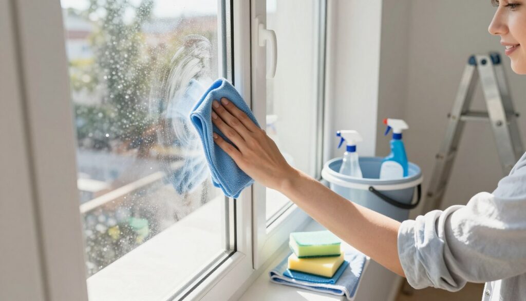 A clean, well-lit interior room after a renovation, featuring a large window with sparkling glass catching the sunlight. In the foreground, a person in smart casual attire is carefully wiping the window with a microfiber cloth, removing dust and paint smudges. The middle ground shows various cleaning supplies like a bucket, spray bottle, and sponge neatly arranged on a clean towel. In the background, freshly painted walls and a sturdy ladder can be seen, hinting at the renovation process. The overall atmosphere is bright, fresh, and inviting, emphasizing cleanliness and order. The angle is slightly elevated to capture the scene from above, highlighting the window's clarity and the meticulous cleaning process.