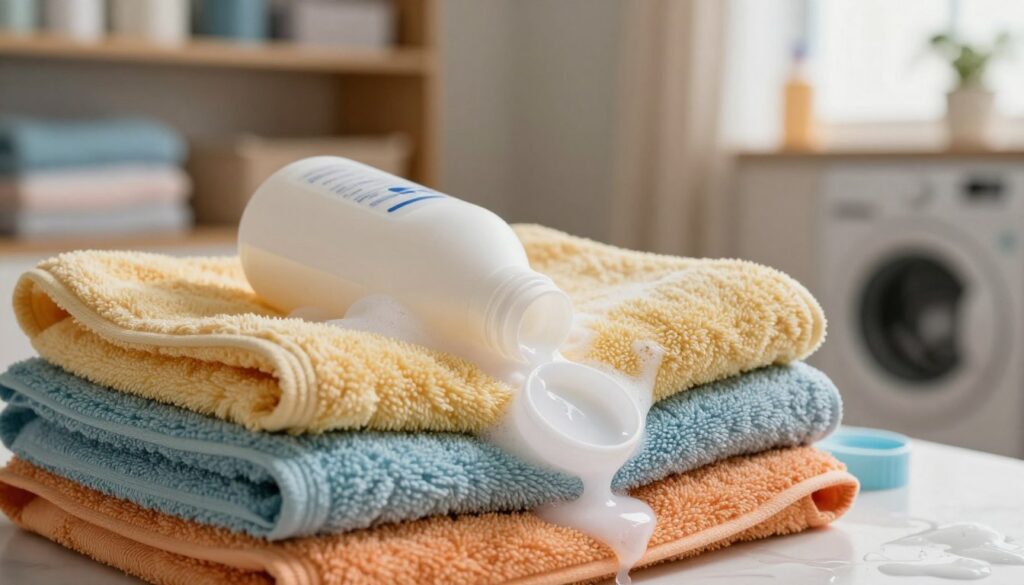 A close-up image of a set of fluffy, absorbent towels in a soft, natural setting. In the foreground, display a bottle of fabric softener with its lid open, surrounded by drips of the liquid, contrasting against the towels’ vibrant colors. In the middle, show the towels slightly damp, demonstrating their compromised texture and reduced fluffiness due to the softener. In the background, include a warm, softly lit laundry room with shelves stacked with laundry supplies, and a window allowing gentle sunlight to filter in, creating a cozy atmosphere. The mood should evoke concern and reflection, highlighting the impact of fabric softeners on towel absorbency. The focus is sharp on the towels and the fabric softener, with a shallow depth of field blurring the background slightly. A close-up image of a set of fluffy, absorbent towels in a soft, natural setting. In the foreground, display a bottle of fabric softener with its lid open, surrounded by drips of the liquid, contrasting against the towels’ vibrant colors. In the middle, show the towels slightly damp, demonstrating their compromised texture and reduced fluffiness due to the softener. In the background, include a warm, softly lit laundry room with shelves stacked with laundry supplies, and a window allowing gentle sunlight to filter in, creating a cozy atmosphere. The mood should evoke concern and reflection, highlighting the impact of fabric softeners on towel absorbency. The focus is sharp on the towels and the fabric softener, with a shallow depth of field blurring the background slightly.