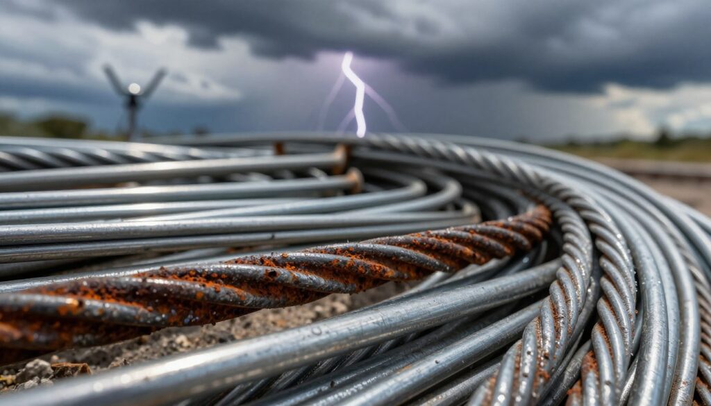 A close-up image of rust-resistant wire, emphasizing its metallic texture and protective coating. In the foreground, showcase the intricate details of a section of wire, glistening with protective layers that signal durability against harsh weather conditions. In the middle, display a variety of wire types, arranged to indicate their applications in lightning protection systems. In the background, depict a stormy sky with dramatic clouds, highlighting the environmental challenges these materials withstand. Use dramatic, natural lighting to create shadows and accents on the wires, capturing an atmosphere of resilience and strength. The composition should evoke a sense of reliability in extreme conditions, focusing on the essential features of corrosion resistance.