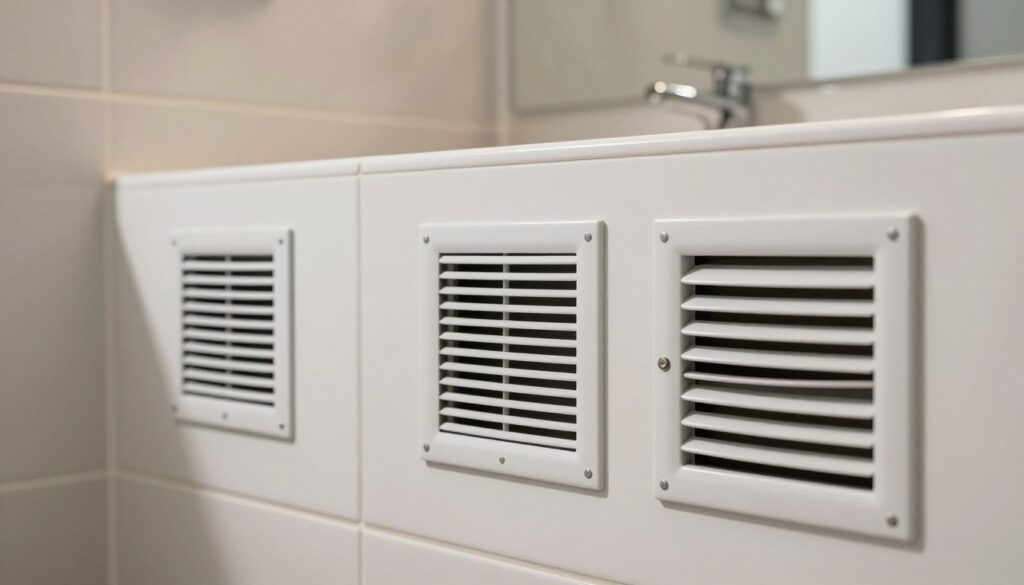 A close-up image of ventilation doors in a stylish modern bathroom. The foreground should feature the intricately designed ventilation grilles, showcasing different shapes and sizes of air vents that allow for proper circulation. In the middle, the bathroom setting includes elegant tiles and soft lighting that complements the vent doors, offering a clean and contemporary look. A subtle play of shadows creates depth, emphasizing the importance of ventilation in maintaining air quality. The background should be softly blurred to keep the focus on the ventilation doors while hinting at the overall bathroom ambiance. The mood should be clean, professional, and informative, suitable for an article discussing ventilation requirements.