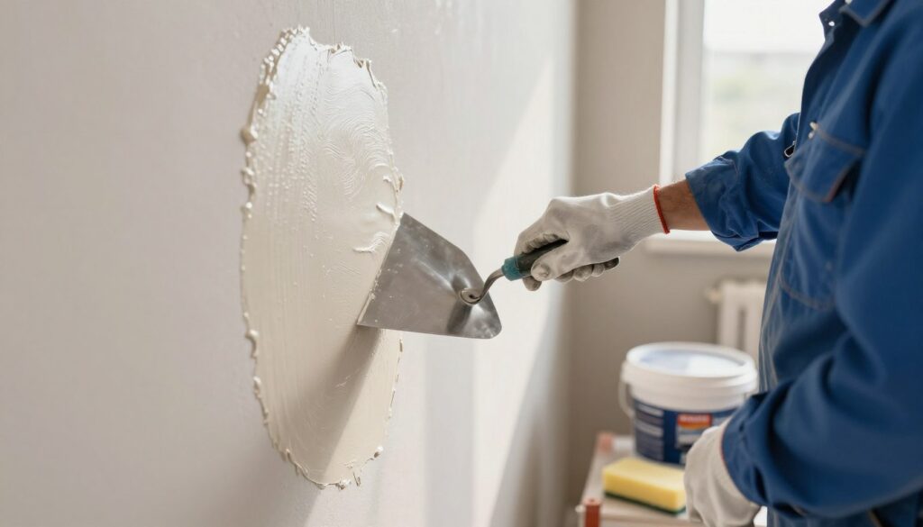 A close-up image showcasing the application of thin layers of joint compound on a wall. In the foreground, a professional wearing a modest blue work shirt and protective gloves carefully applies a thin, even coat of gładź with a trowel, focusing on smoothness and even distribution. In the middle ground, the wall is partially covered, revealing sections of freshly applied gładź that glisten slightly under bright, natural light, emphasizing the texture and uniformity. The background includes tools like a bucket of joint compound and a sanding sponge, placed tidy and organized. The atmosphere is calm and focused, with warm morning light streaming in from a nearby window, creating a sense of productivity and professionalism in the workspace.