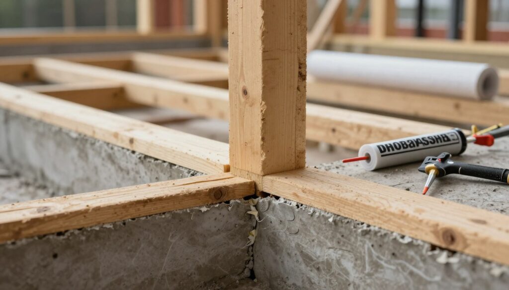 A close-up of a construction site showing common mistakes in insulation between wood and concrete. In the foreground, focus on an improperly sealed joint, where moisture can easily penetrate, and visible gaps in the insulation material. The middle ground features wooden beams and concrete foundations, lit by natural daylight emphasizing their textures. Tools like a caulking gun and insulation rolls are scattered nearby. The background shows a blurred construction scene, suggesting ongoing work. The overall mood is professional yet cautionary, highlighting the importance of correct insulation methods. Use a soft depth of field with a slight vignette effect to draw attention to the focal point, ensuring the image conveys the urgency of proper material connection techniques to prevent moisture damage.