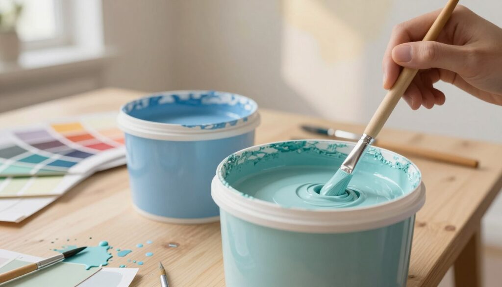 A close-up scene depicting two containers of wall paint being mixed together; one is light blue and the other is soft teal, reflecting a harmonious color blending. The foreground showcases a paint mixing stick gently stirring the paints, with paint splatters artistically scattered nearby. In the middle ground, a well-lit artist's workspace is visible, adorned with paint swatches and brushes neatly arranged on a wooden table. The background features a softly blurred wall painted in a neutral tone to suggest the painting environment. Warm, natural light streams in from a window, creating a calm and inviting atmosphere. The overall mood is creative and professional, emphasizing the precision and importance of color mixing.