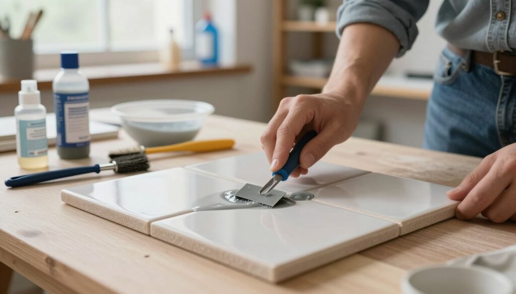 A close-up scene focused on a ceramic tile in a well-lit workshop, showcasing the process of removing dried silicone. In the foreground, a professional-looking person, dressed in a shirt and jeans, carefully scrapes off the silicone using a precision tool. In the middle, the tile has remnants of dull, grey silicone against the glossy surface, highlighting the contrast. Tools like a silicone removers, a small brush, and a bowl with a solvent are neatly arranged nearby. The background reveals shelves with cleaning supplies and tools, slightly blurred to emphasize the action in the foreground. Soft natural light streams in from a window, creating a calm, focused atmosphere, ideal for DIY projects.