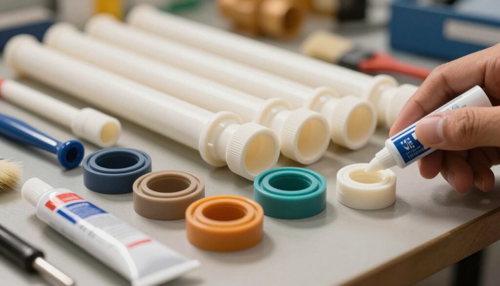 A close-up view of PVC pipe seals, showcasing a variety of seal designs and colors, meticulously arranged on a workbench with tools like a grease tube and a brush nearby. In the foreground, a hand is applying a specialized lubricant to one of the seals. The middle ground includes an array of PVC pipes, some fitted together, highlighting their connection points. The background is softly blurred, featuring a workshop environment with warm, diffused lighting that creates a professional and focused atmosphere. The overall mood conveys careful preparation and quality assurance, emphasizing the importance of maintaining durable and leak-free installations in plumbing systems. A close-up view of PVC pipe seals, showcasing a variety of seal designs and colors, meticulously arranged on a workbench with tools like a grease tube and a brush nearby. In the foreground, a hand is applying a specialized lubricant to one of the seals. The middle ground includes an array of PVC pipes, some fitted together, highlighting their connection points. The background is softly blurred, featuring a workshop environment with warm, diffused lighting that creates a professional and focused atmosphere. The overall mood conveys careful preparation and quality assurance, emphasizing the importance of maintaining durable and leak-free installations in plumbing systems.