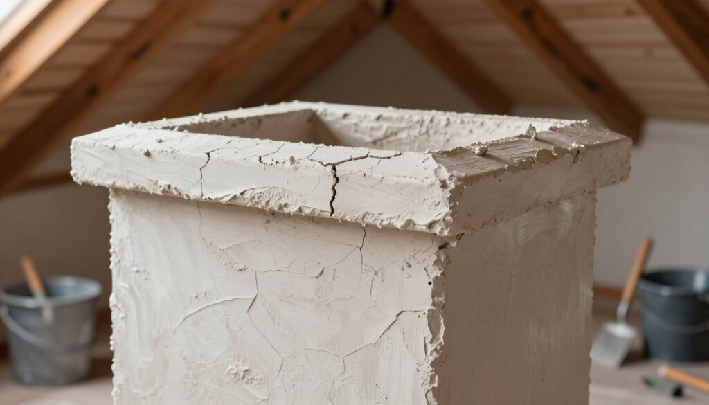 A close-up view of a chimney in an attic, showcasing its surface texture and details. The chimney is adorned with a protective layer of plaster, illustrating proper application techniques to prevent cracking. The foreground captures the rough texture of the plaster, with hints of wear and potential flaws indicating previous issues. The middle ground features tools like a trowel and a bucket, symbolizing the maintenance process, with soft natural lighting illuminating the scene. In the background, wooden beams of the attic create a cozy, rustic atmosphere, subtly blurred to keep focus on the chimney. The overall mood is informative and practical, demonstrating care and craftsmanship in home maintenance, without any figures present.
