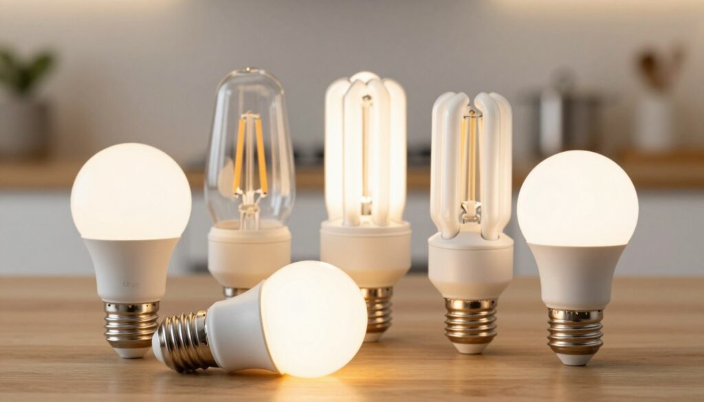 A close-up view of a collection of various types of LED light bulbs, showcasing their energy-efficient designs and different shapes. In the foreground, a warm white light bulb emits a soft, glowing light, casting a gentle illumination around it. The middle area features a few standard and decorative LED bulbs, displaying clear and frosted casings, their intricate filaments visible. The background is softly blurred, hinting at a well-lit modern kitchen atmosphere with a wooden countertop and minimalist decor. The overall ambiance reflects a cozy and inviting mood, emphasizing clarity and brightness, suitable for understanding lighting in kitchen spaces. The lighting should appear natural with realistic shadows and highlights, captured with a shallow depth of field for focus on the light bulbs.