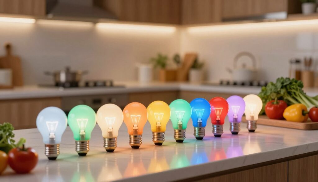 A close-up view of a color rendering index (CRI) display, showcasing a vibrant array of colored light bulbs arranged neatly on a kitchen countertop. The image captures the glow of each bulb, emphasizing the warm and inviting colors that enhance the freshness of various culinary ingredients, like vegetables and fruits, positioned nearby. The background features a blurred but softly lit kitchen setting, highlighting a modern design with wooden cabinets and white countertops. The scene is illuminated by warm light, suggesting an atmosphere that is cozy and welcoming, ideal for cooking and dining. The focus is sharp on the CRI display, with soft bokeh effects in the background to create depth and interest.