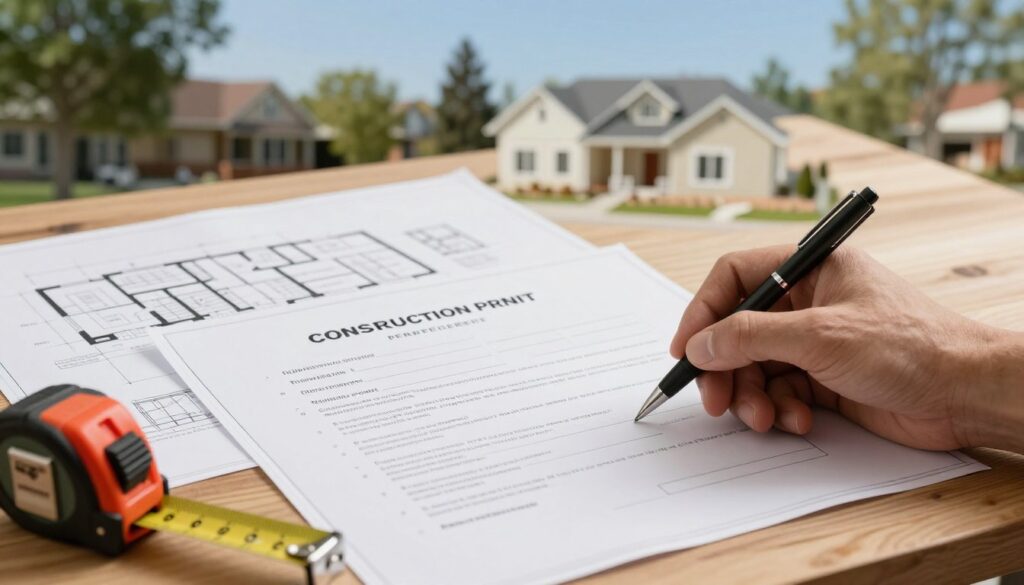 A close-up view of a construction permit, prominently displayed on a wooden table covered with architectural plans and a measuring tape. In the foreground, a hand holding a pen is poised to sign the permit. The middle ground features neatly arranged blueprints of a house, showcasing detailed floor plans and technical drawings. In the background, a vision of a serene residential area with trees and a clear sky, symbolizing the setting for the future home. Soft, natural lighting illuminates the scene, enhancing the professional atmosphere. The image conveys a sense of anticipation and formality, emphasizing the importance of obtaining a building permit for home construction.