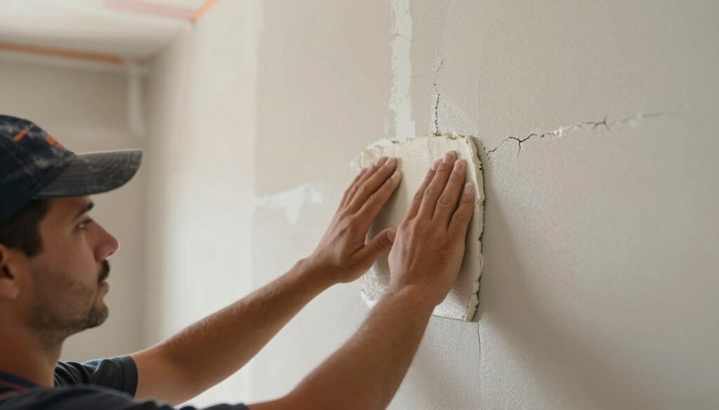 A close-up view of a construction worker in professional work attire carefully applying a wall finishing compound on an interior wall. The focus is on the worker's technique, showing their hands smoothing the compound to avoid common mistakes like bubbles and uneven surfaces. In the background, a partially finished wall displays different problematic areas highlighted with subtle contrasting colors, illustrating flaws such as bubbling, cracks, and uneven texture. Soft overhead lighting creates a warm atmosphere, enhancing the focus on the textures of the wall and the worker's concentration. The composition captures a sense of diligence and professionalism in home renovation, with an emphasis on the importance of proper application techniques.