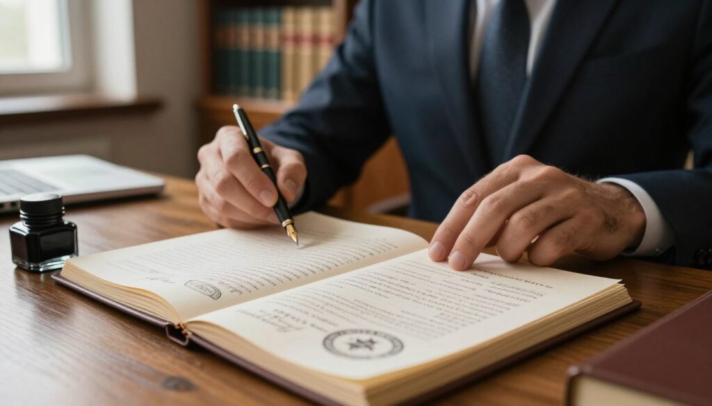 A close-up view of a "księgi wieczystej" (land and mortgage registry) open on a wooden desk, showcasing detailed handwritten entries, official stamps, and signatures. In the foreground, an elegant fountain pen rests beside an inkwell, symbolizing the legal aspects of property ownership. The middle ground features a soft-focus lawyer in professional attire reviewing the document, their expression focused and thoughtful, conveying seriousness and expertise. The background has warm, inviting lighting streaming through a nearby window, casting gentle shadows, with bookshelves filled with legal texts and property law books creating an academic atmosphere. The overall mood is one of professionalism, trust, and the importance of thoroughness in real estate transactions.